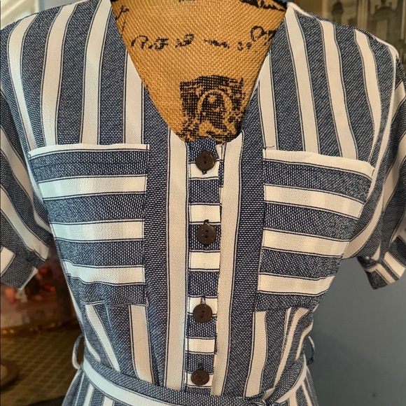 Monteau Navy Blue and White Striped Belted Button Up Dress - Picture 2 of 9